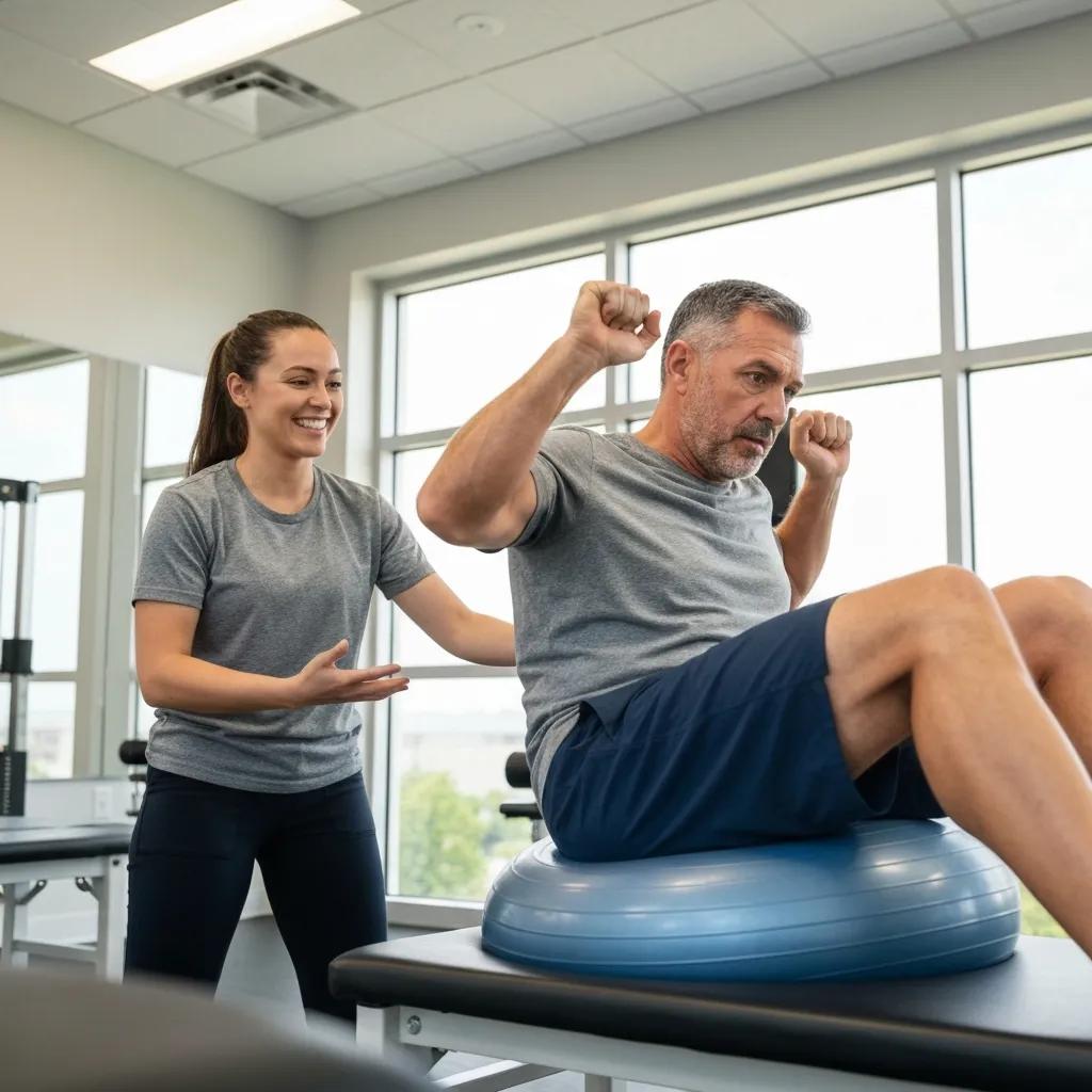 Athlete working through rehab exercises with a physical therapist in a modern clinic