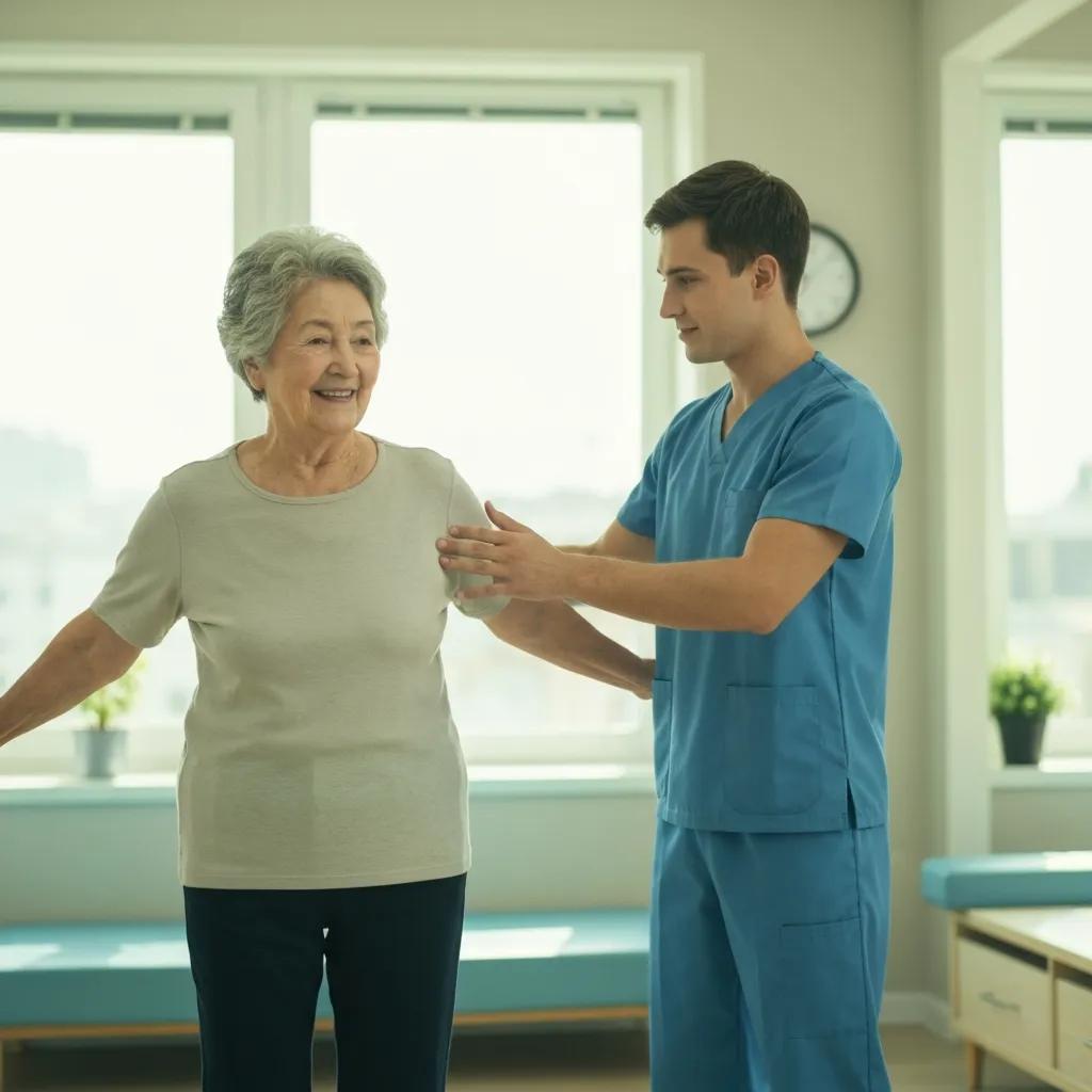 An older adult practicing balance exercises with a physical therapist in a calm clinic