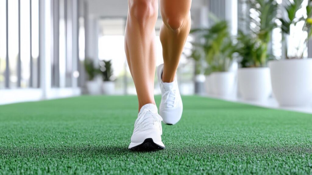 a-woman-in-white-tennis-shoes-running-on-a-green-carpet-free-photo
